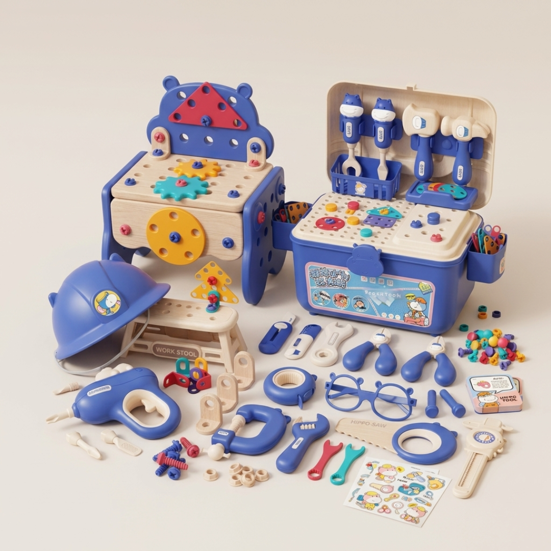 Montessori Kids Tool Box Set – DIY Building Toy Kit with 200+ Pieces