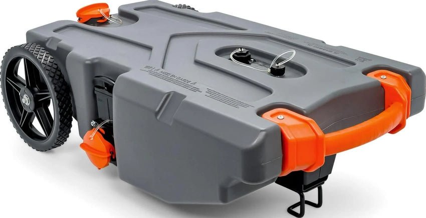 Camco Rhino Heavy Duty 28 Gallon Portable RV Waste Holding Tank With Hose And Accessories Leak Free And Odorless RV Tote Tank, 39004