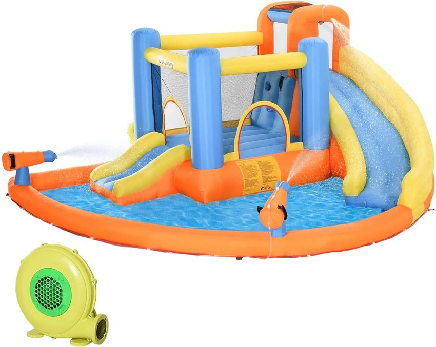 Kids Inflatable Water Slide 5-in-1 Bounce House Water Park Jumping Castle With Water Pool, Slide, Climbing Walls, And 2 Water Cannons, 450W Air Blower