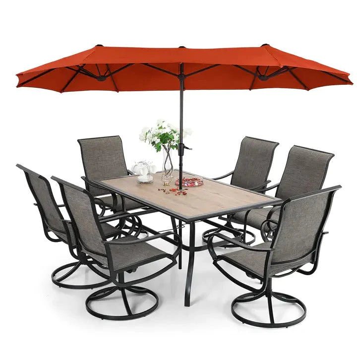 8 Pieces Patio Dining Set With Umbrella, Outdoor Furniture Set With 6 Sling Dining Swivel Chairs